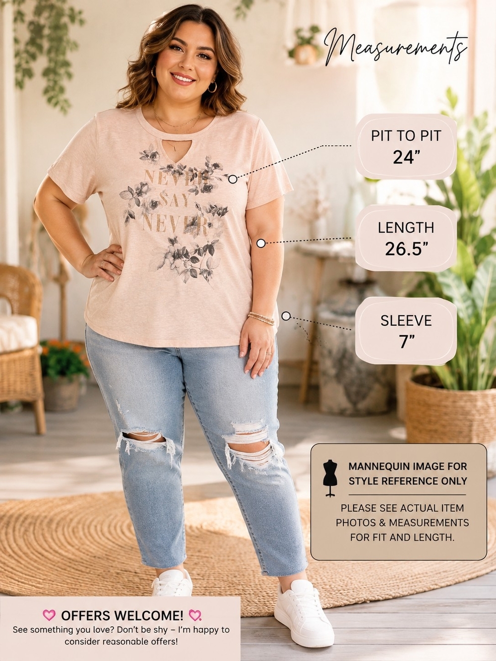 TITLE
Lane Bryant 22/24 Blush Pink Floral Never Say Never Keyhole Graphic Tee